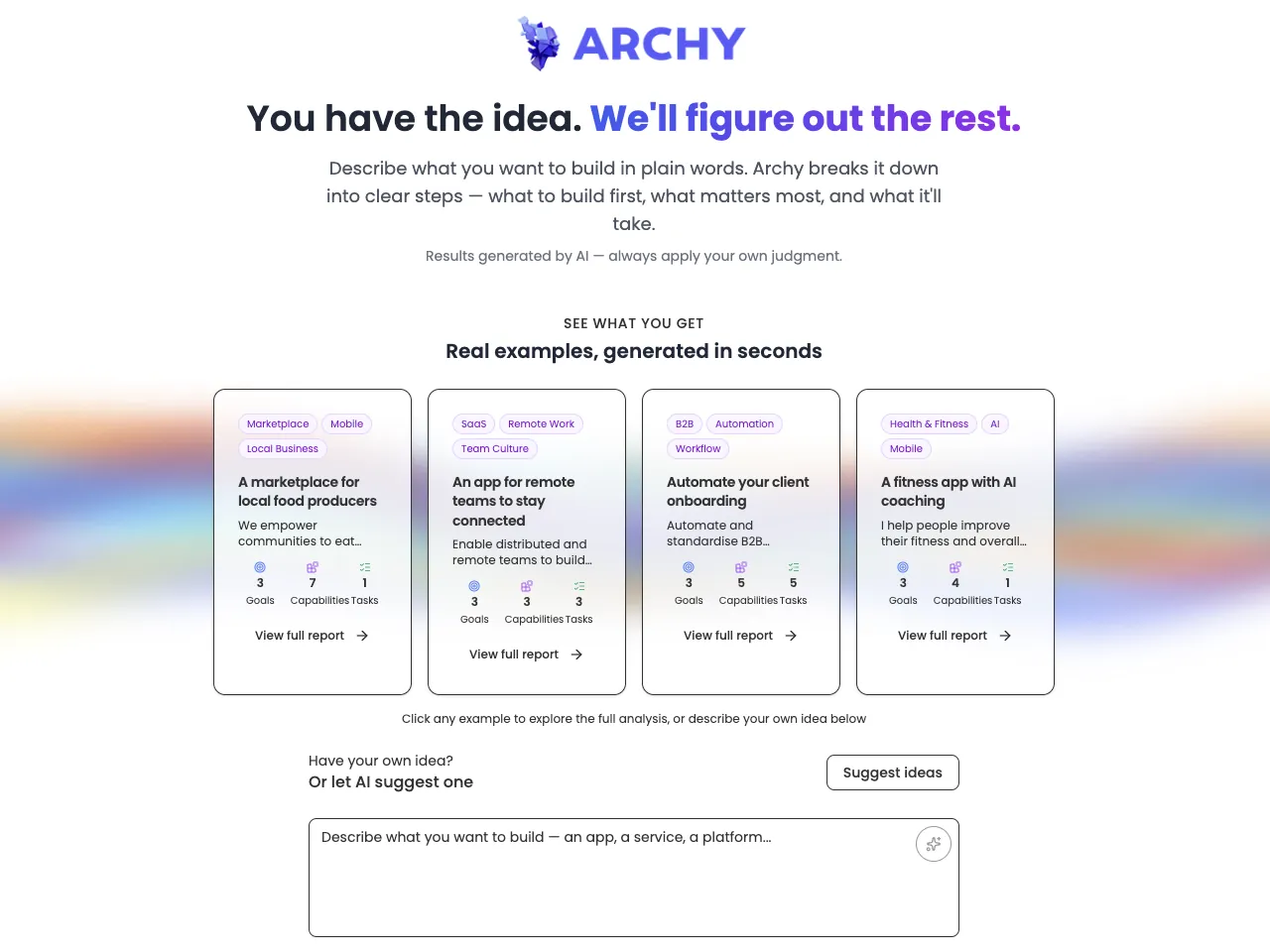 ArchyStarter start page: the heading "You have the idea. We'll figure out the rest.", four example idea cards and a box to describe your own idea.